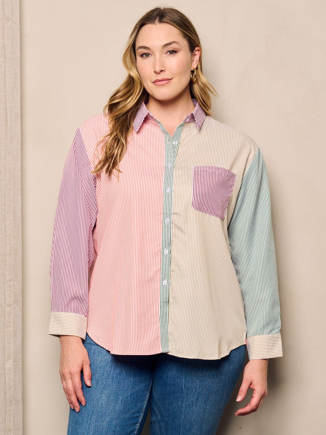 CURVY STRIPED COLOR BLOCK BUTTON UP TOP