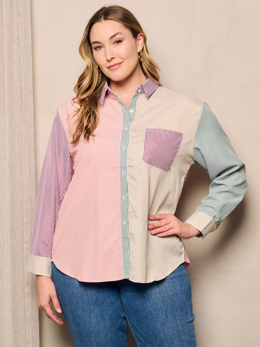 CURVY STRIPED COLOR BLOCK BUTTON UP TOP
